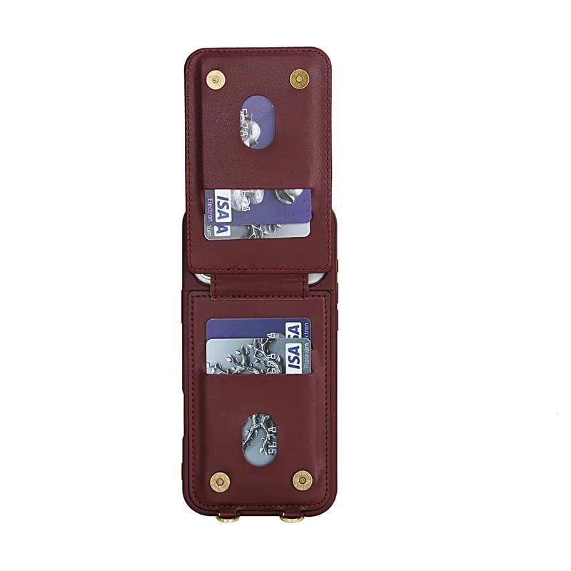 For iPhone 17 Pro Case Kickstand Card Slots Leather Coated TPU Cover with Shoulder Strap - Wine Red