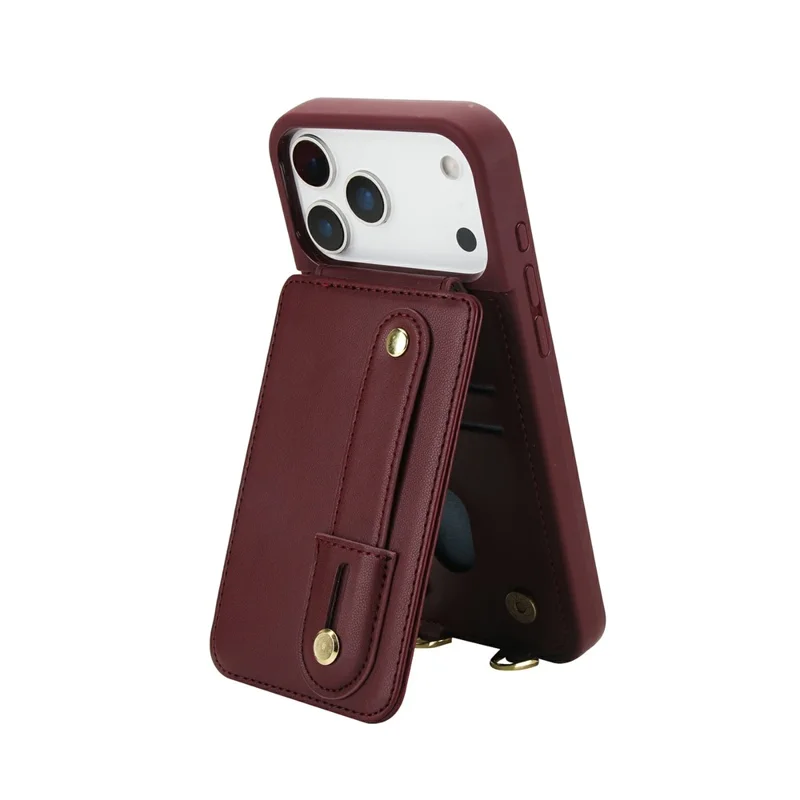 For iPhone 17 Pro Case Kickstand Card Slots Leather Coated TPU Cover with Shoulder Strap - Wine Red