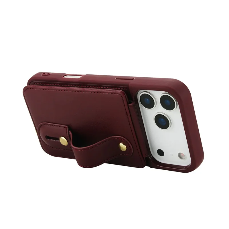 For iPhone 17 Pro Case Kickstand Card Slots Leather Coated TPU Cover with Shoulder Strap - Wine Red