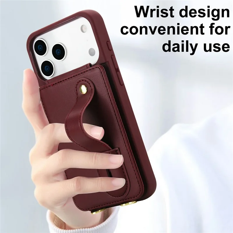 For iPhone 17 Pro Case Kickstand Card Slots Leather Coated TPU Cover with Shoulder Strap - Wine Red