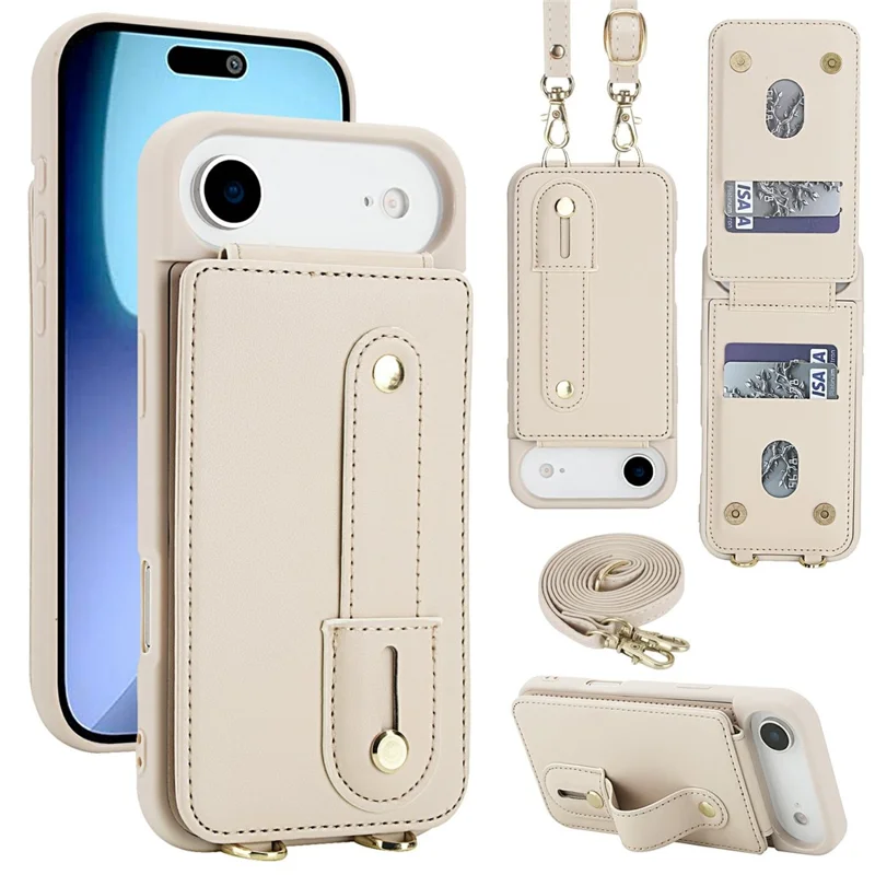 For iPhone Air Case Kickstand Card Slots Leather Coated TPU Cover with Shoulder Strap - Beige