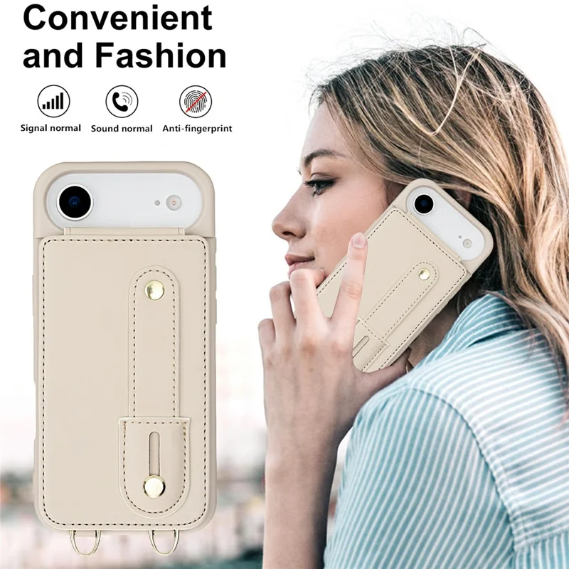 For iPhone Air Case Kickstand Card Slots Leather Coated TPU Cover with Shoulder Strap - Beige