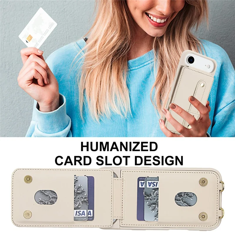 For iPhone Air Case Kickstand Card Slots Leather Coated TPU Cover with Shoulder Strap - Beige