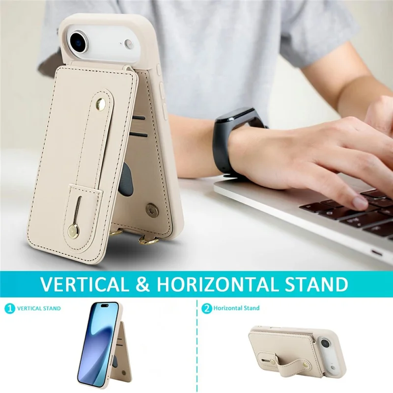 For iPhone Air Case Kickstand Card Slots Leather Coated TPU Cover with Shoulder Strap - Beige