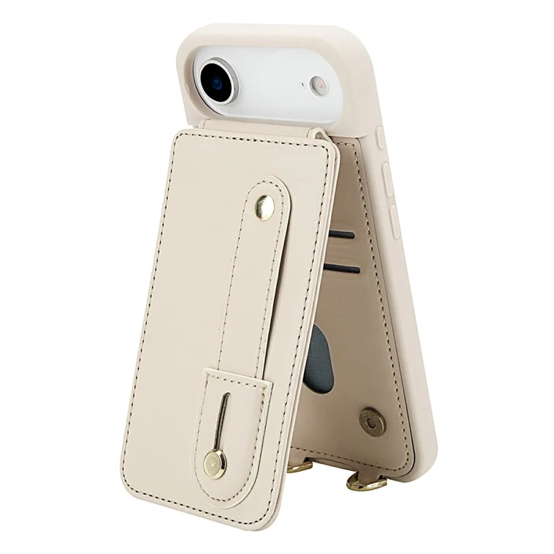 For iPhone Air Case Kickstand Card Slots Leather Coated TPU Cover with Shoulder Strap - Beige