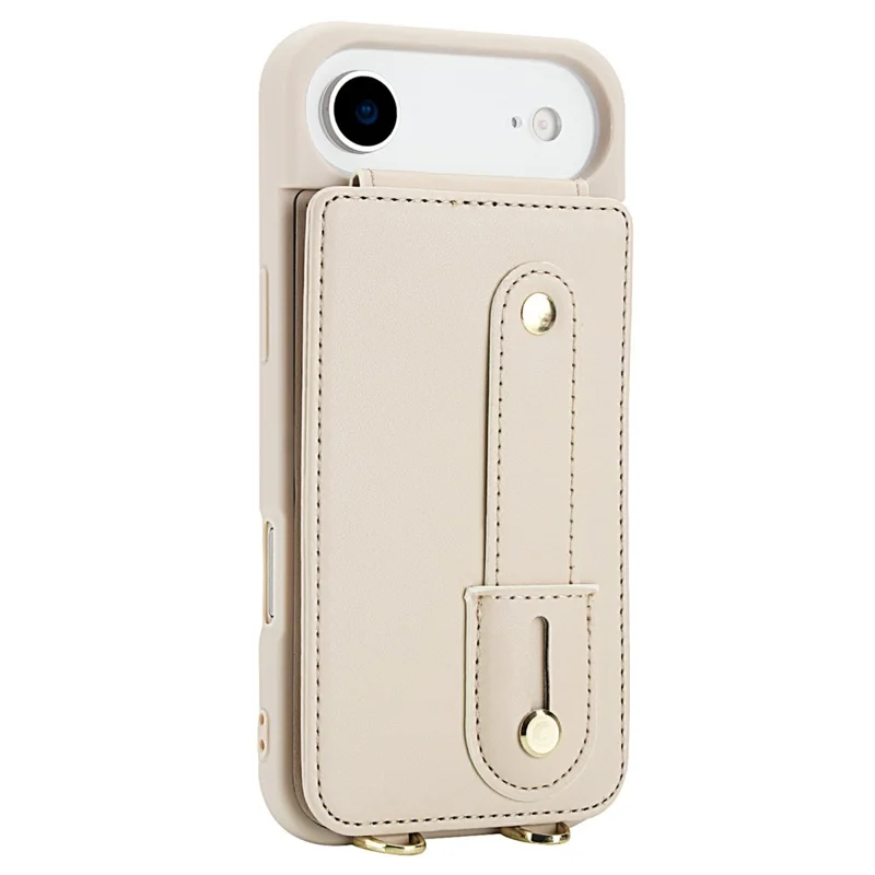 For iPhone Air Case Kickstand Card Slots Leather Coated TPU Cover with Shoulder Strap - Beige