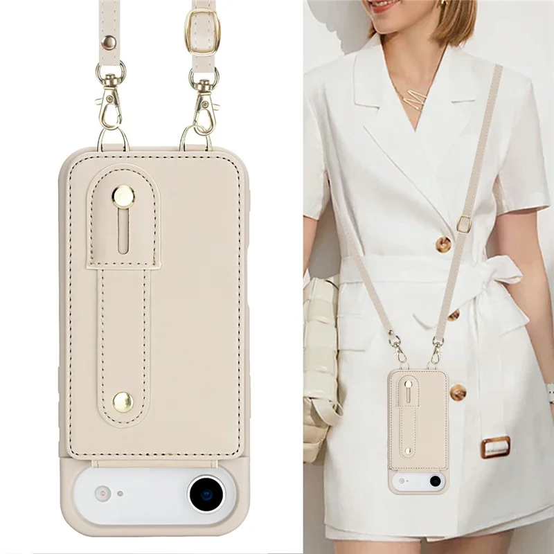 For iPhone Air Case Kickstand Card Slots Leather Coated TPU Cover with Shoulder Strap - Beige