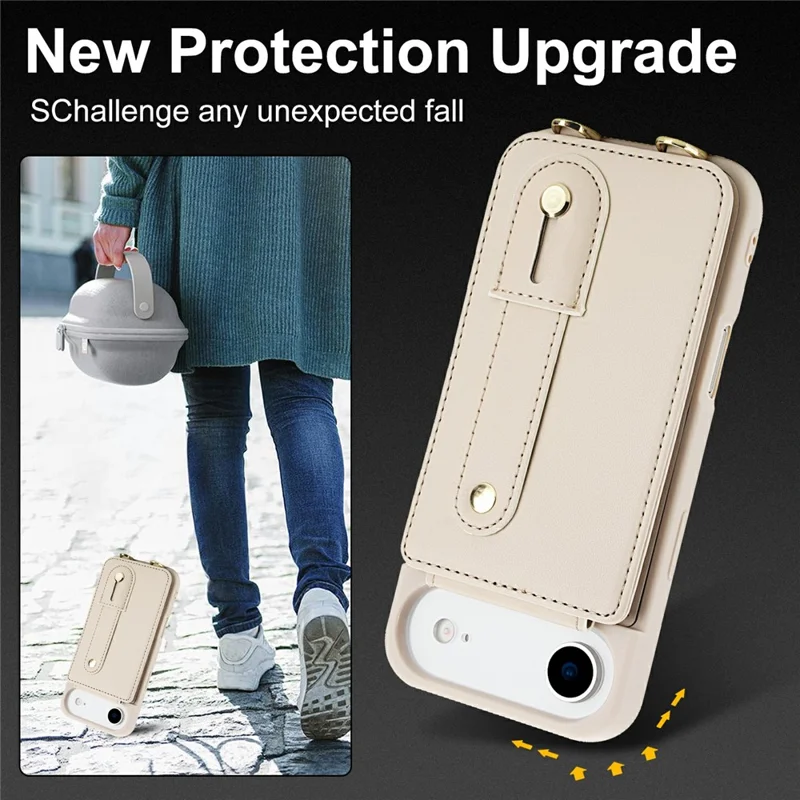 For iPhone Air Case Kickstand Card Slots Leather Coated TPU Cover with Shoulder Strap - Beige
