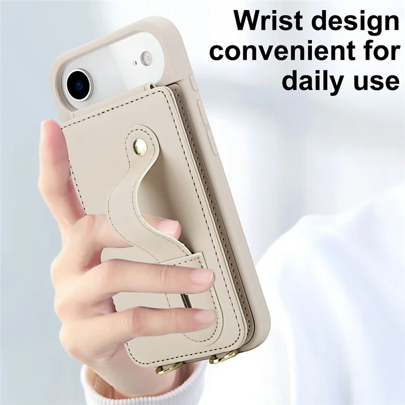 For iPhone Air Case Kickstand Card Slots Leather Coated TPU Cover with Shoulder Strap - Beige