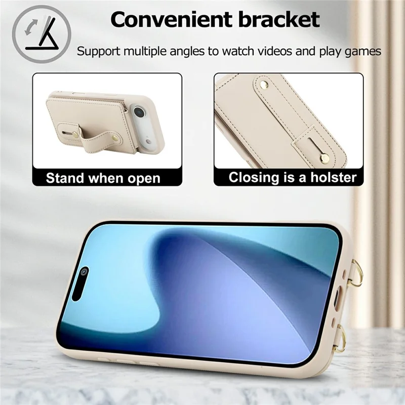 For iPhone Air Case Kickstand Card Slots Leather Coated TPU Cover with Shoulder Strap - Beige