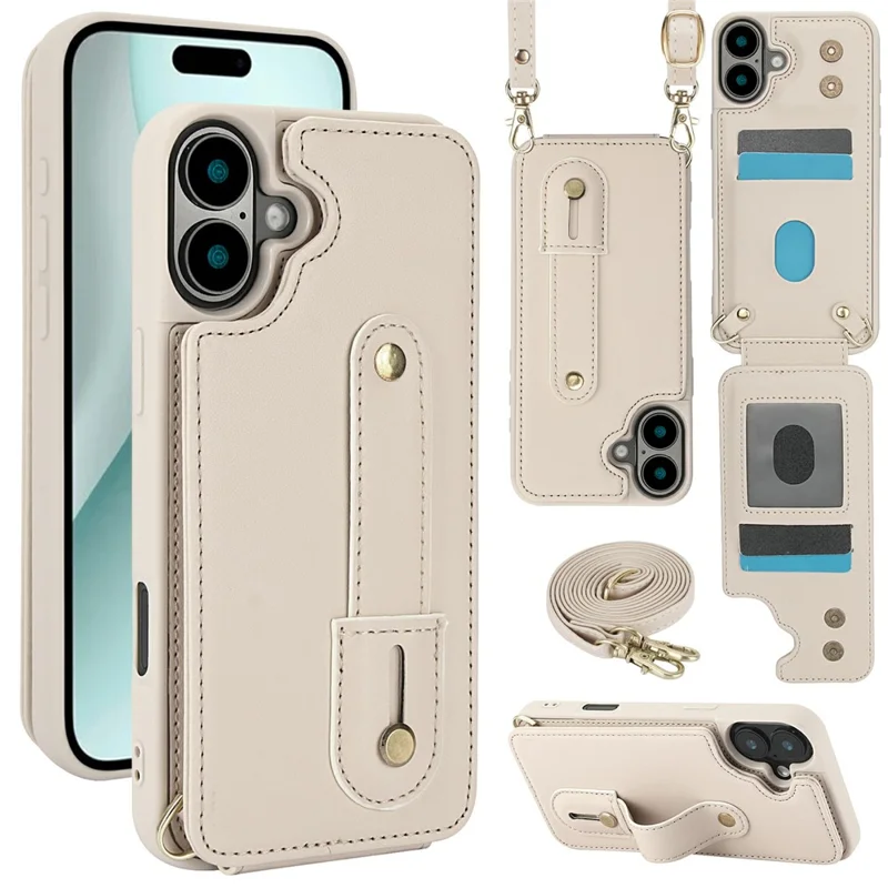 For iPhone 17 Case Kickstand Card Slots Leather Coated TPU Cover with Shoulder Strap - Beige