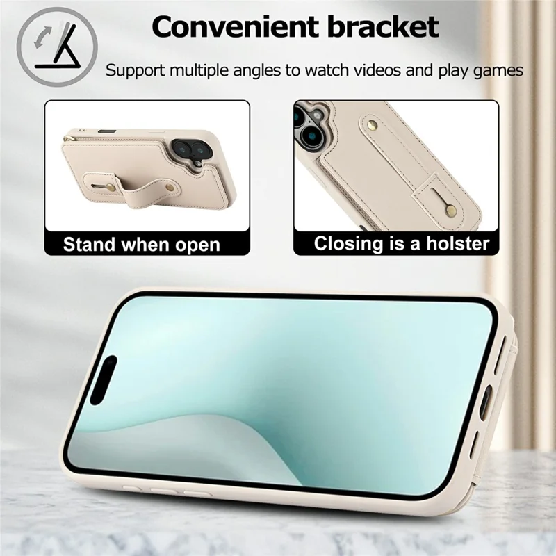 For iPhone 17 Case Kickstand Card Slots Leather Coated TPU Cover with Shoulder Strap - Beige
