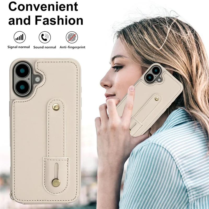 For iPhone 17 Case Kickstand Card Slots Leather Coated TPU Cover with Shoulder Strap - Beige