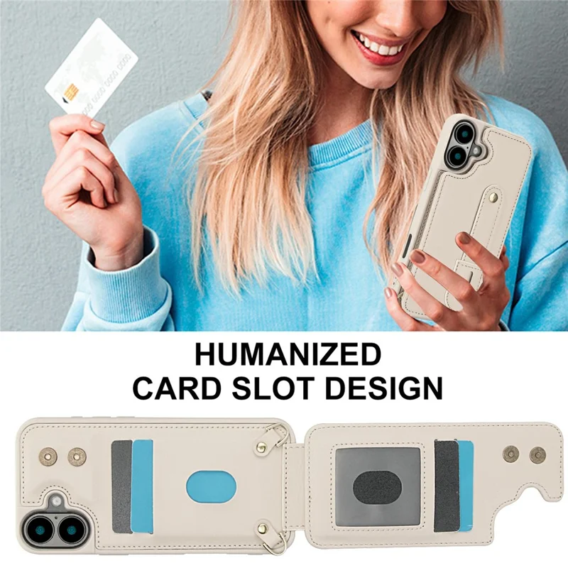 For iPhone 17 Case Kickstand Card Slots Leather Coated TPU Cover with Shoulder Strap - Beige
