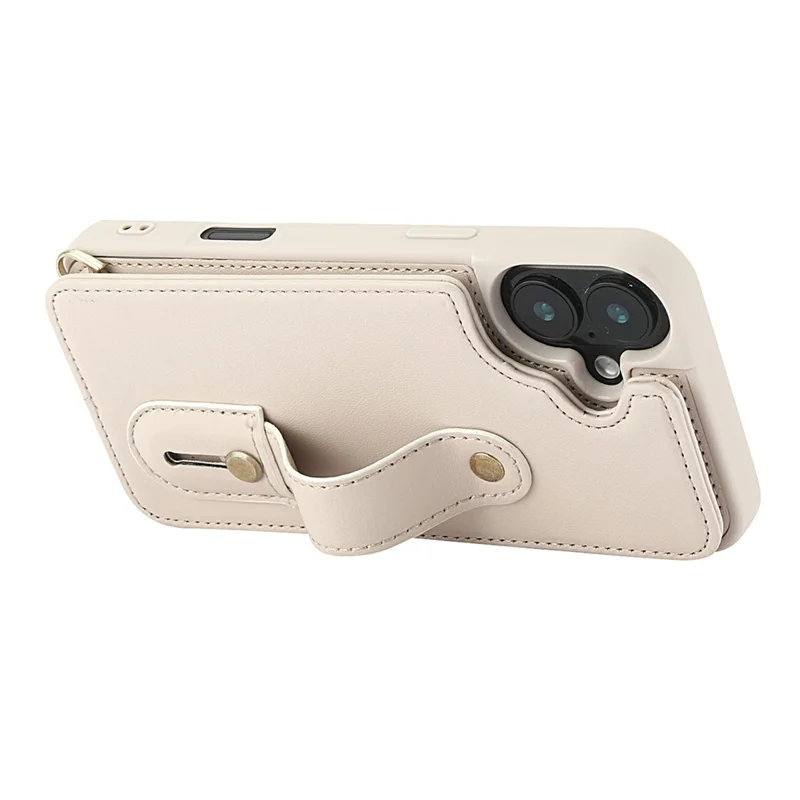 For iPhone 17 Case Kickstand Card Slots Leather Coated TPU Cover with Shoulder Strap - Beige