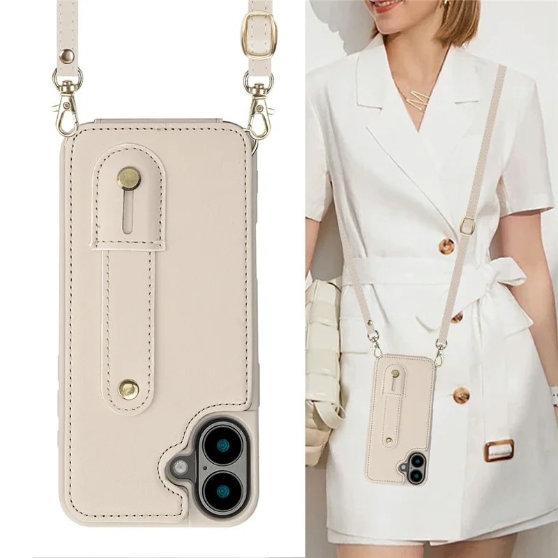 For iPhone 17 Case Kickstand Card Slots Leather Coated TPU Cover with Shoulder Strap - Beige