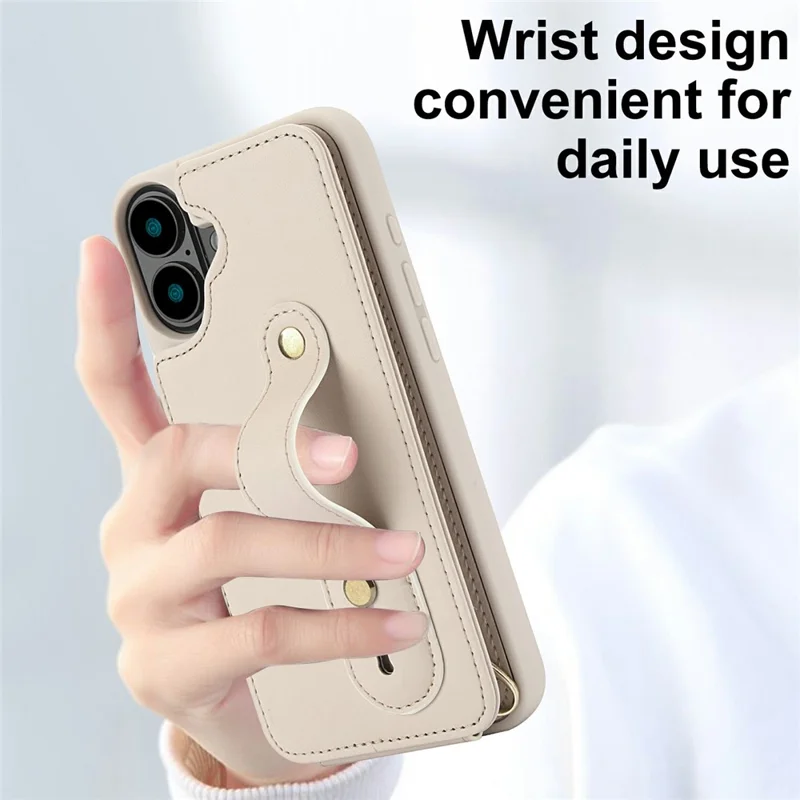 For iPhone 17 Case Kickstand Card Slots Leather Coated TPU Cover with Shoulder Strap - Beige