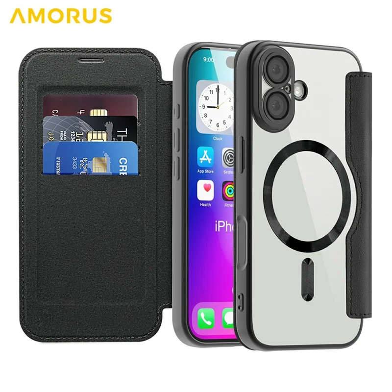 Capa para iPhone 17 AMORUS Compatível com MagSafe Suporte para Cartão com Bloqueio RFID Capa de Telefone de Couro - Preto