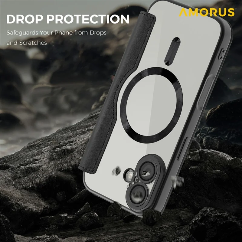 Capa para iPhone 17 AMORUS Compatível com MagSafe Suporte para Cartão com Bloqueio RFID Capa de Telefone de Couro - Preto