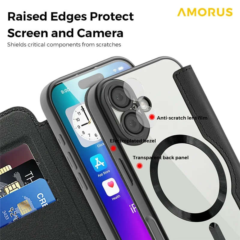 Capa para iPhone 17 AMORUS Compatível com MagSafe Suporte para Cartão com Bloqueio RFID Capa de Telefone de Couro - Preto