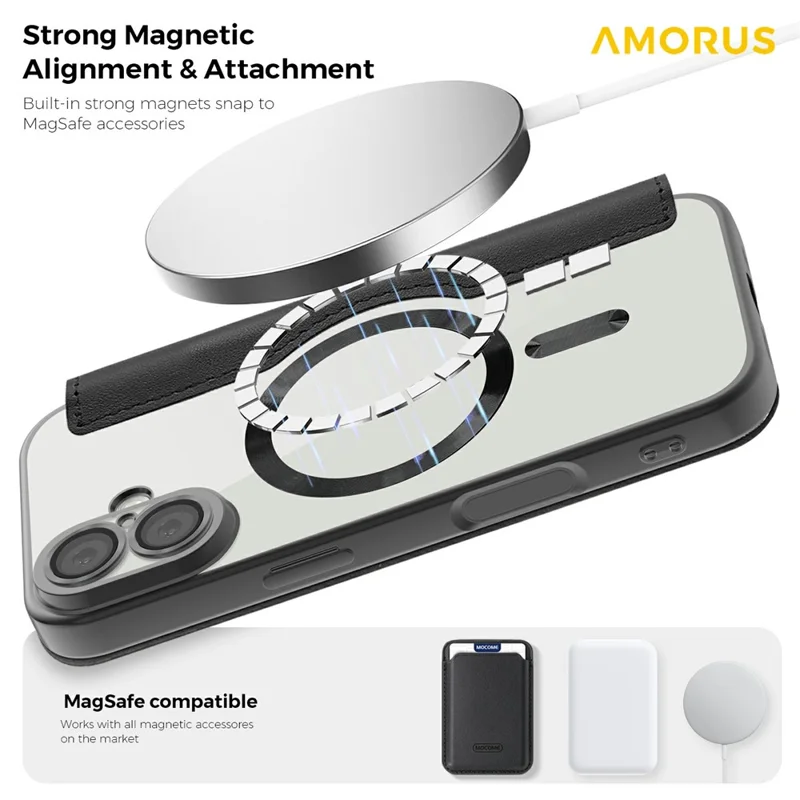 Capa para iPhone 17 AMORUS Compatível com MagSafe Suporte para Cartão com Bloqueio RFID Capa de Telefone de Couro - Preto