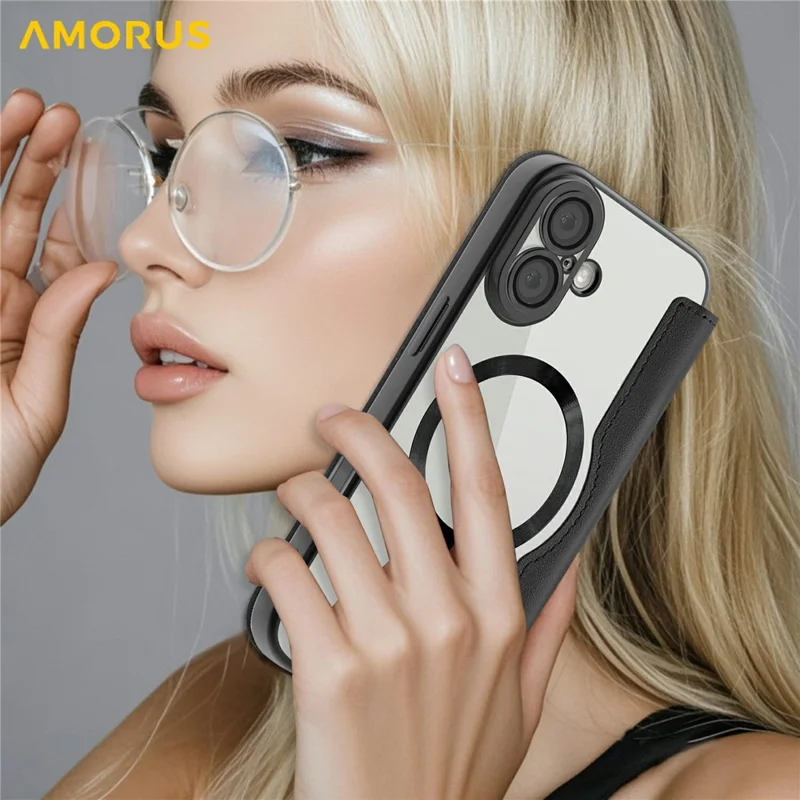 Capa para iPhone 17 AMORUS Compatível com MagSafe Suporte para Cartão com Bloqueio RFID Capa de Telefone de Couro - Preto