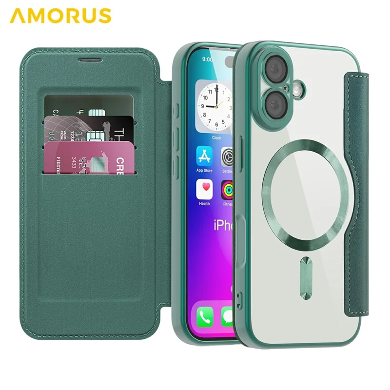 AMORUS For iPhone 17 Case Compatible with MagSafe RFID Blocking Card Holder Leather Phone Cover - Blackish Green