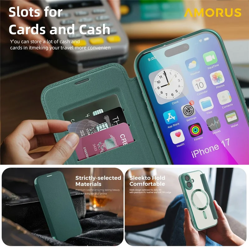 AMORUS For iPhone 17 Case Compatible with MagSafe RFID Blocking Card Holder Leather Phone Cover - Blackish Green