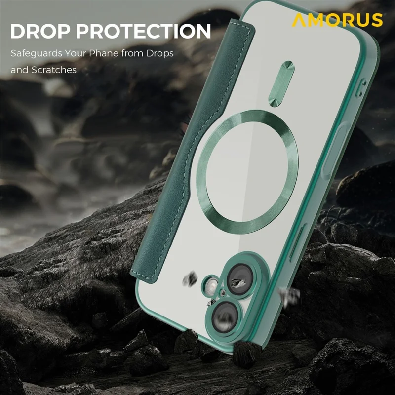 AMORUS For iPhone 17 Case Compatible with MagSafe RFID Blocking Card Holder Leather Phone Cover - Blackish Green