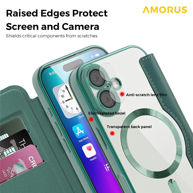 AMORUS For iPhone 17 Case Compatible with MagSafe RFID Blocking Card Holder Leather Phone Cover - Blackish Green