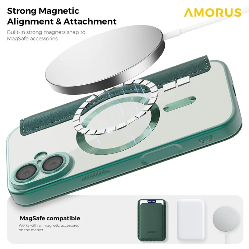 AMORUS For iPhone 17 Case Compatible with MagSafe RFID Blocking Card Holder Leather Phone Cover - Blackish Green