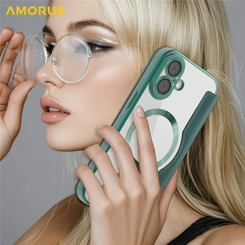 AMORUS For iPhone 17 Case Compatible with MagSafe RFID Blocking Card Holder Leather Phone Cover - Blackish Green