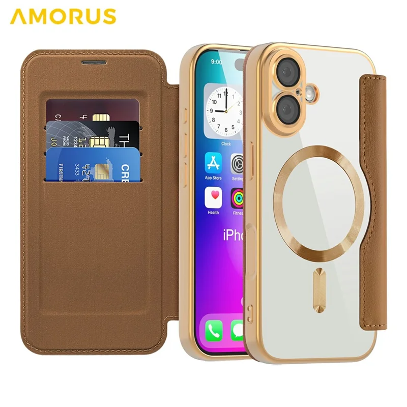 AMORUS For iPhone 17 Case Compatible with MagSafe RFID Blocking Card Holder Leather Phone Cover - Brown