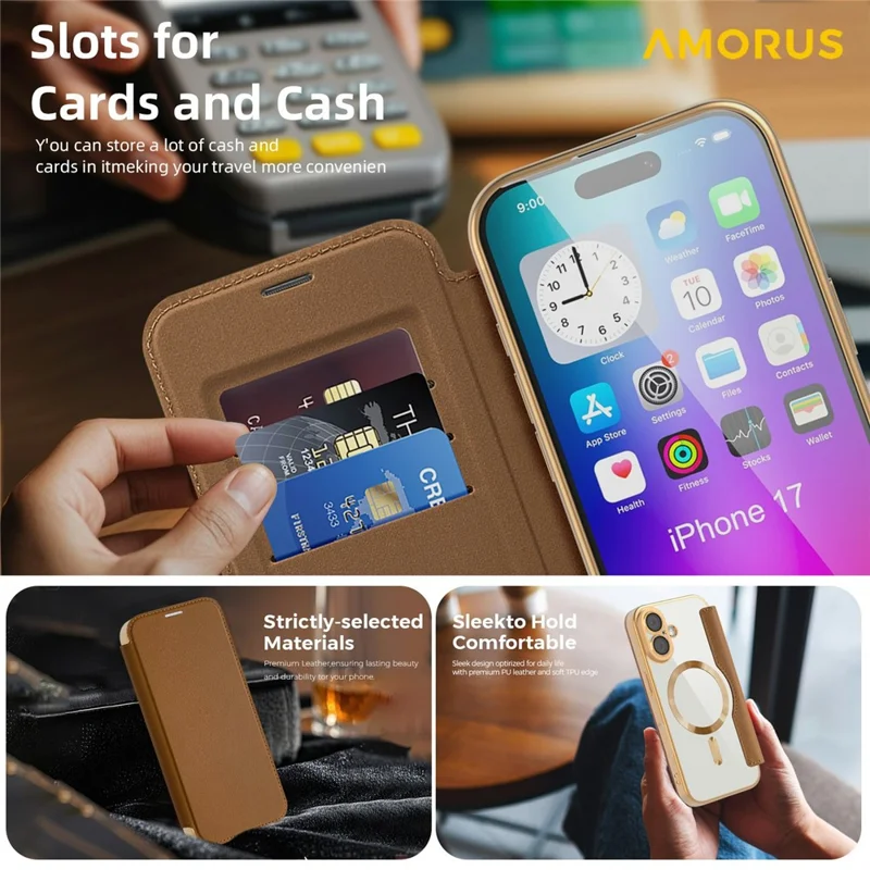 AMORUS For iPhone 17 Case Compatible with MagSafe RFID Blocking Card Holder Leather Phone Cover - Brown