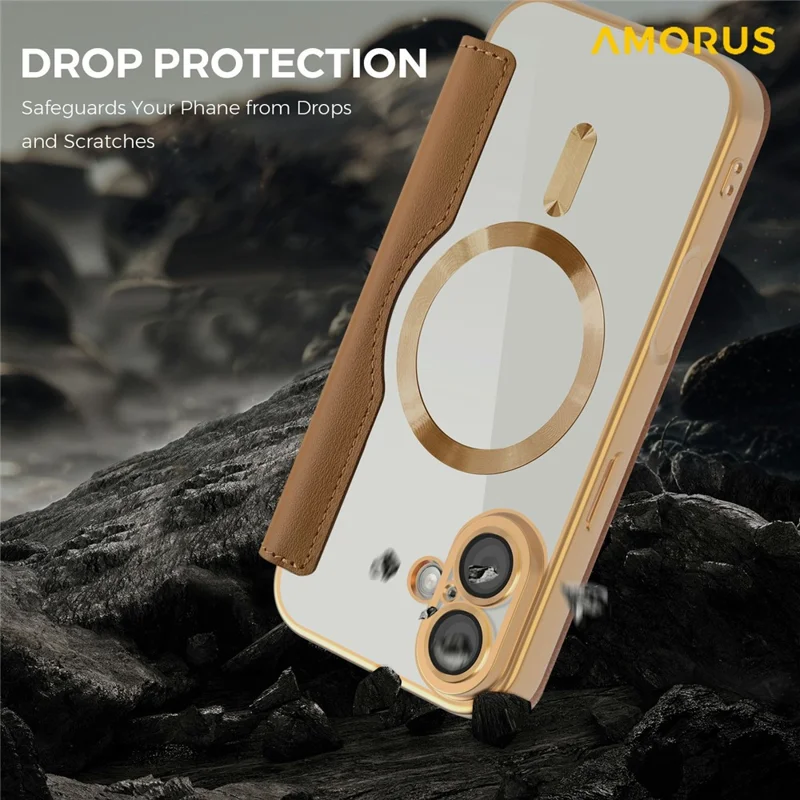 AMORUS For iPhone 17 Case Compatible with MagSafe RFID Blocking Card Holder Leather Phone Cover - Brown