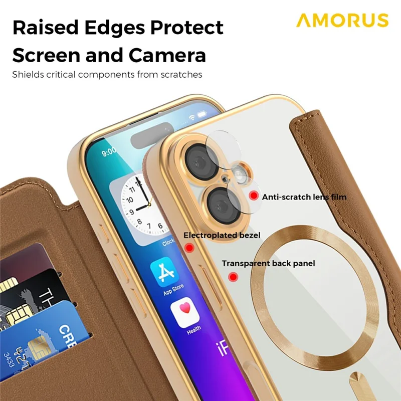 AMORUS For iPhone 17 Case Compatible with MagSafe RFID Blocking Card Holder Leather Phone Cover - Brown