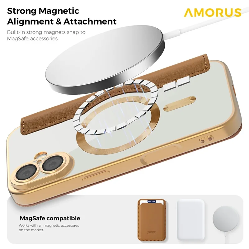 AMORUS For iPhone 17 Case Compatible with MagSafe RFID Blocking Card Holder Leather Phone Cover - Brown