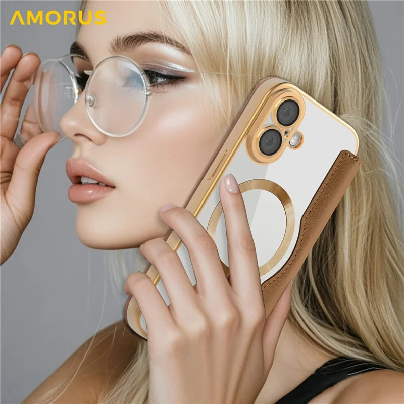 AMORUS For iPhone 17 Case Compatible with MagSafe RFID Blocking Card Holder Leather Phone Cover - Brown