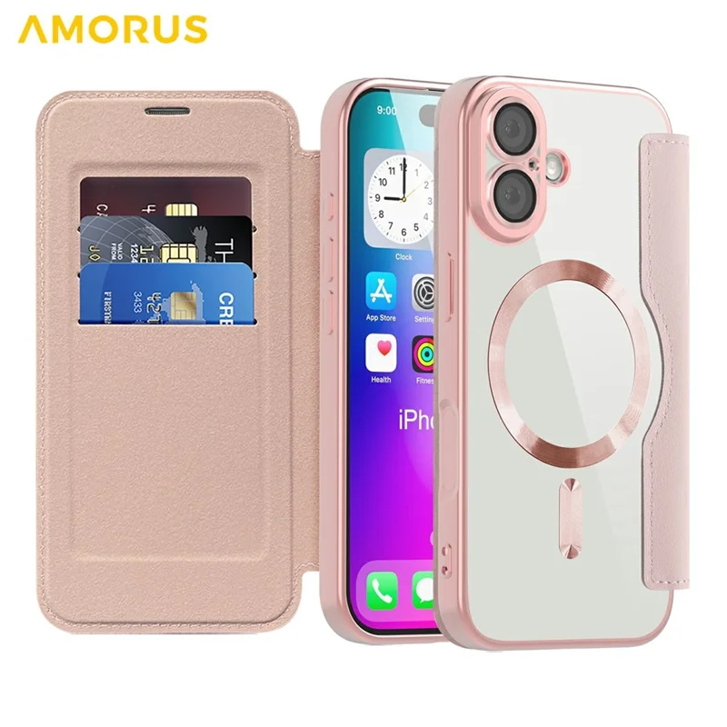 AMORUS For iPhone 17 Case Compatible with MagSafe RFID Blocking Card Holder Leather Phone Cover - Pink