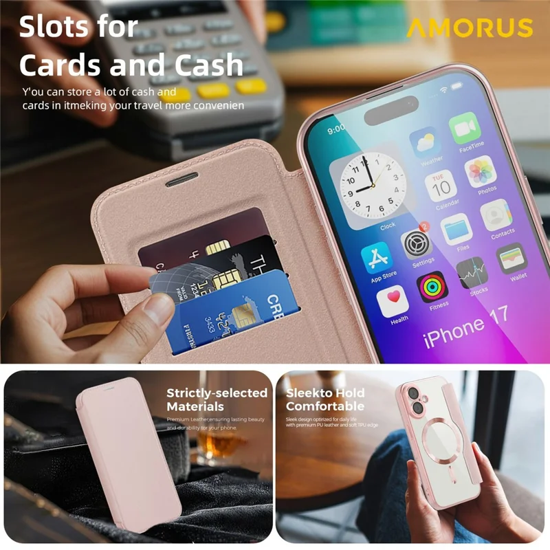 AMORUS For iPhone 17 Case Compatible with MagSafe RFID Blocking Card Holder Leather Phone Cover - Pink