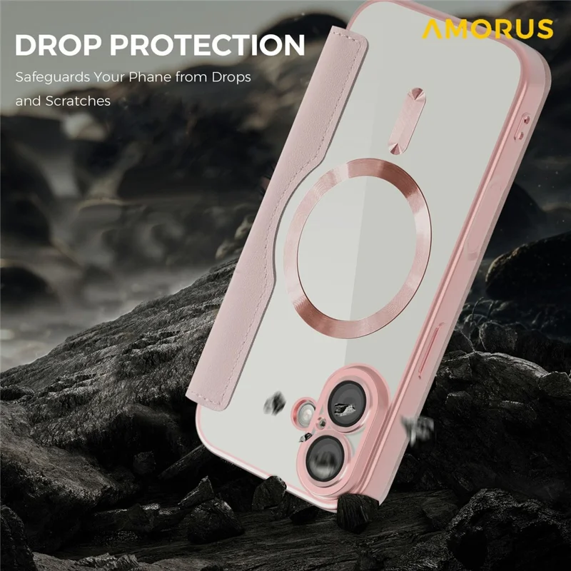 AMORUS For iPhone 17 Case Compatible with MagSafe RFID Blocking Card Holder Leather Phone Cover - Pink