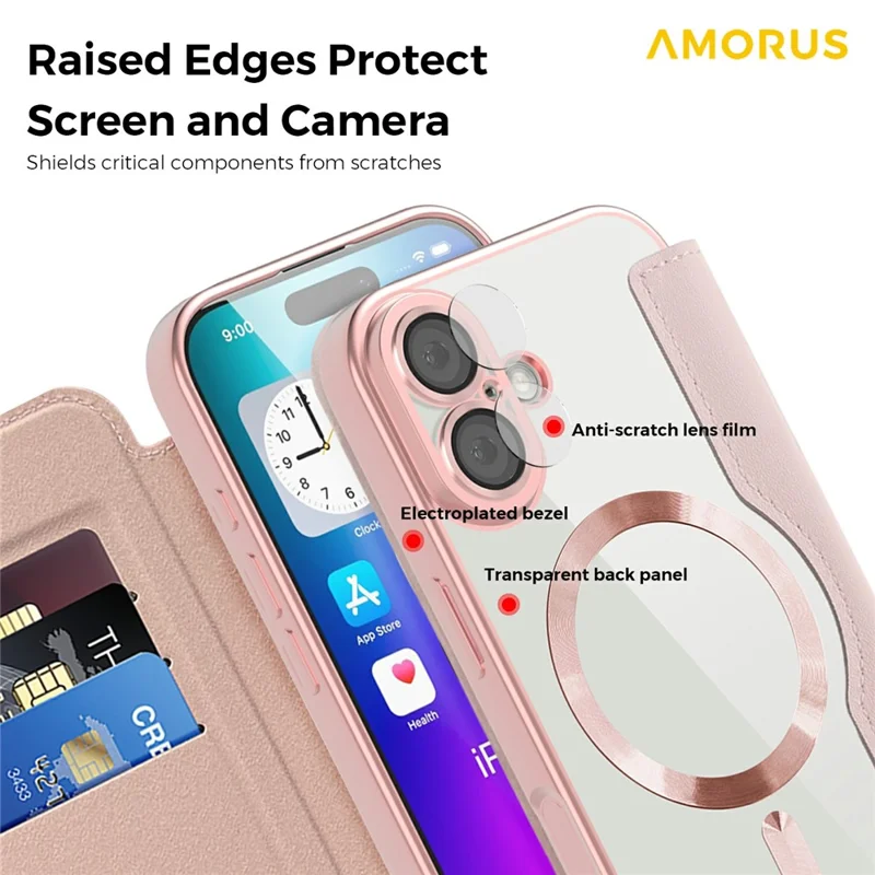 AMORUS For iPhone 17 Case Compatible with MagSafe RFID Blocking Card Holder Leather Phone Cover - Pink