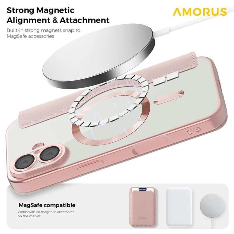 AMORUS For iPhone 17 Case Compatible with MagSafe RFID Blocking Card Holder Leather Phone Cover - Pink