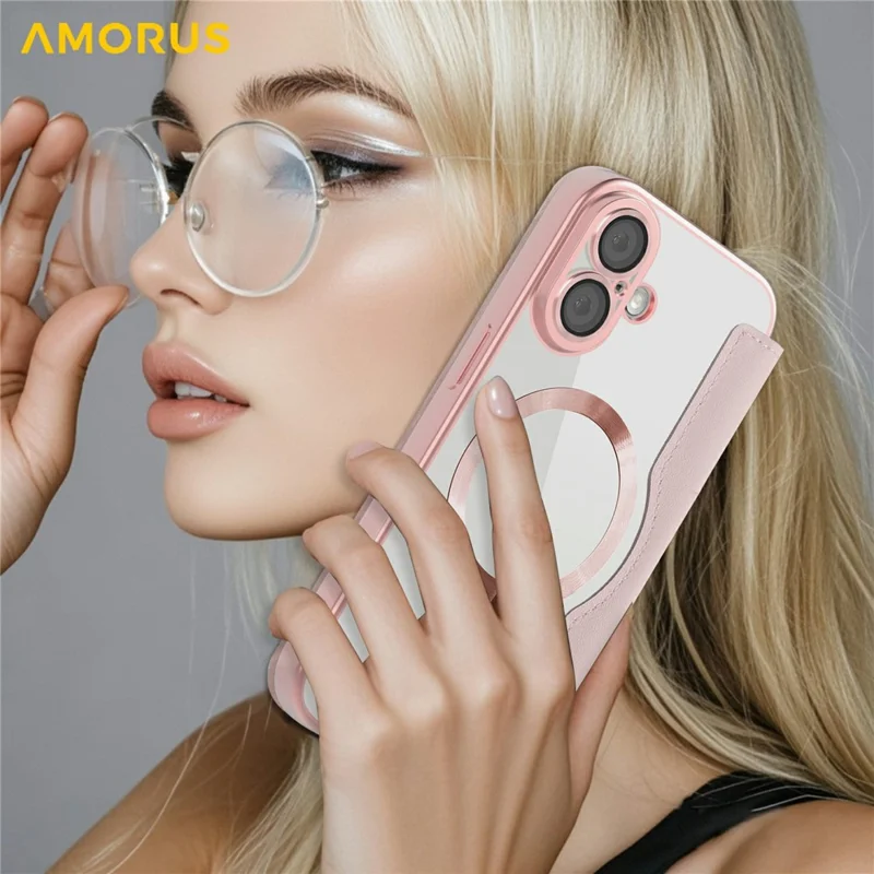 AMORUS For iPhone 17 Case Compatible with MagSafe RFID Blocking Card Holder Leather Phone Cover - Pink