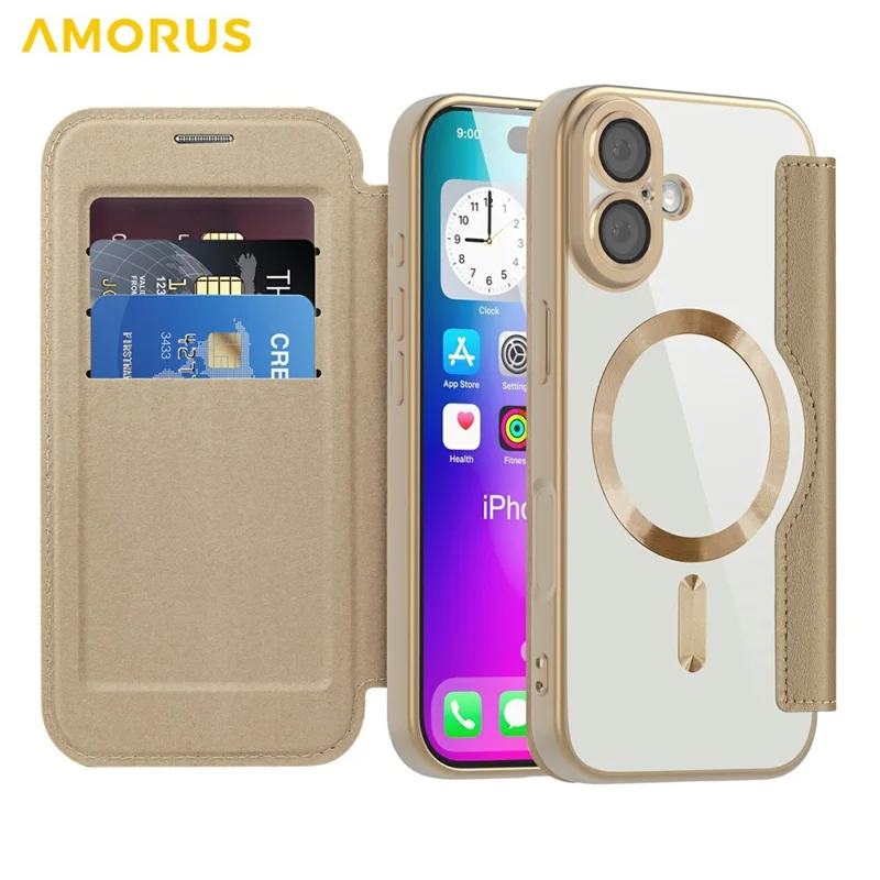 AMORUS For iPhone 17 Case Compatible with MagSafe RFID Blocking Card Holder Leather Phone Cover - Desert Gold