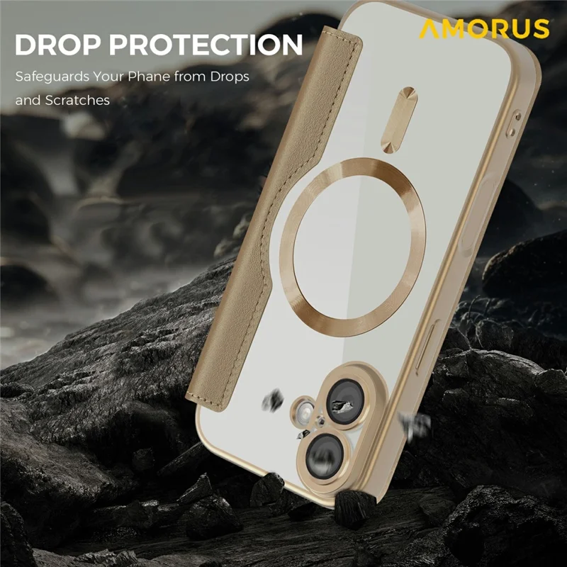 AMORUS For iPhone 17 Case Compatible with MagSafe RFID Blocking Card Holder Leather Phone Cover - Desert Gold