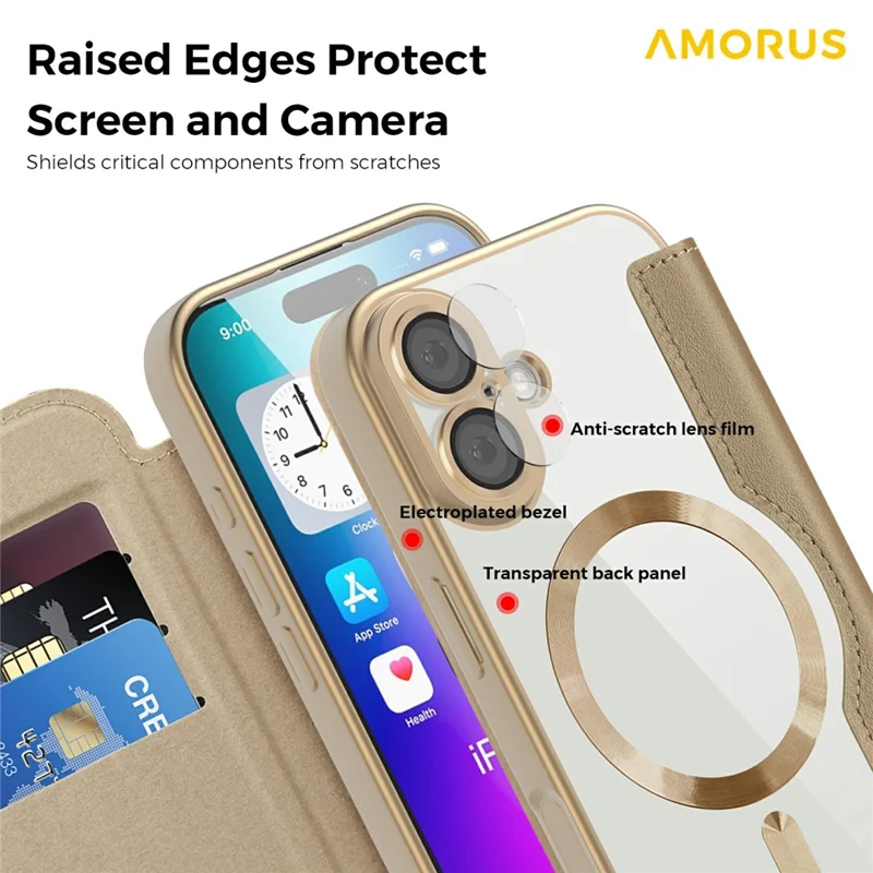 AMORUS For iPhone 17 Case Compatible with MagSafe RFID Blocking Card Holder Leather Phone Cover - Desert Gold