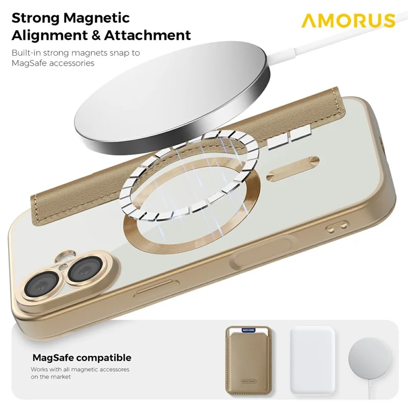 AMORUS For iPhone 17 Case Compatible with MagSafe RFID Blocking Card Holder Leather Phone Cover - Desert Gold