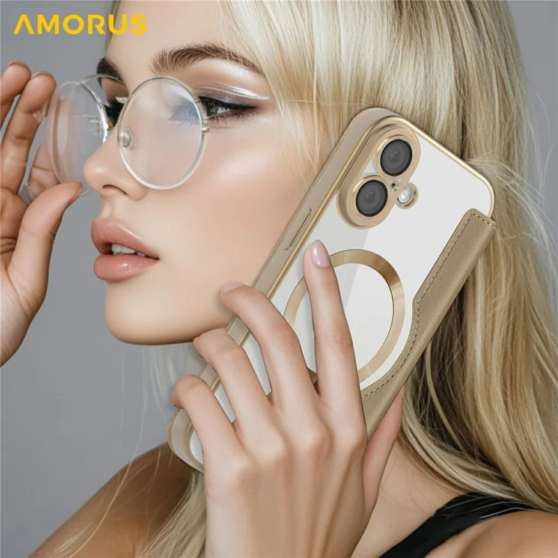 AMORUS For iPhone 17 Case Compatible with MagSafe RFID Blocking Card Holder Leather Phone Cover - Desert Gold