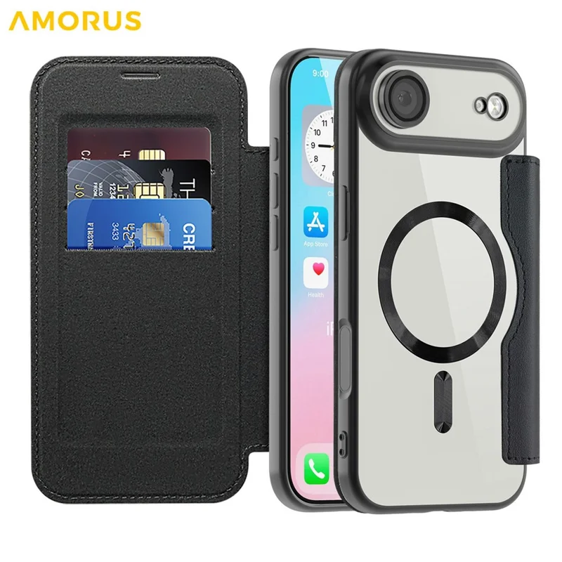 AMORUS Per iPhone 17 Air Case Compatibile con MagSafe RFID Blocking Card Holder Custodia in Pelle - Nero